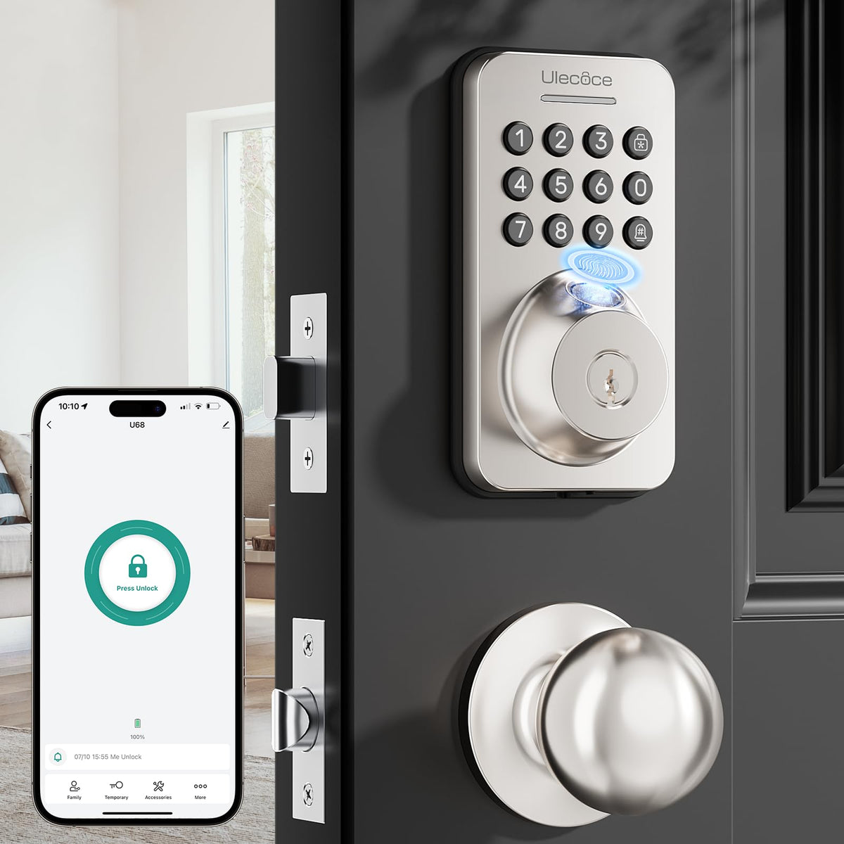 Cerradura de seguridad Ulecoce con teclado y manija, entrada sin llave, control por aplicación, cierre automático, fácil instalación, níquel satinado