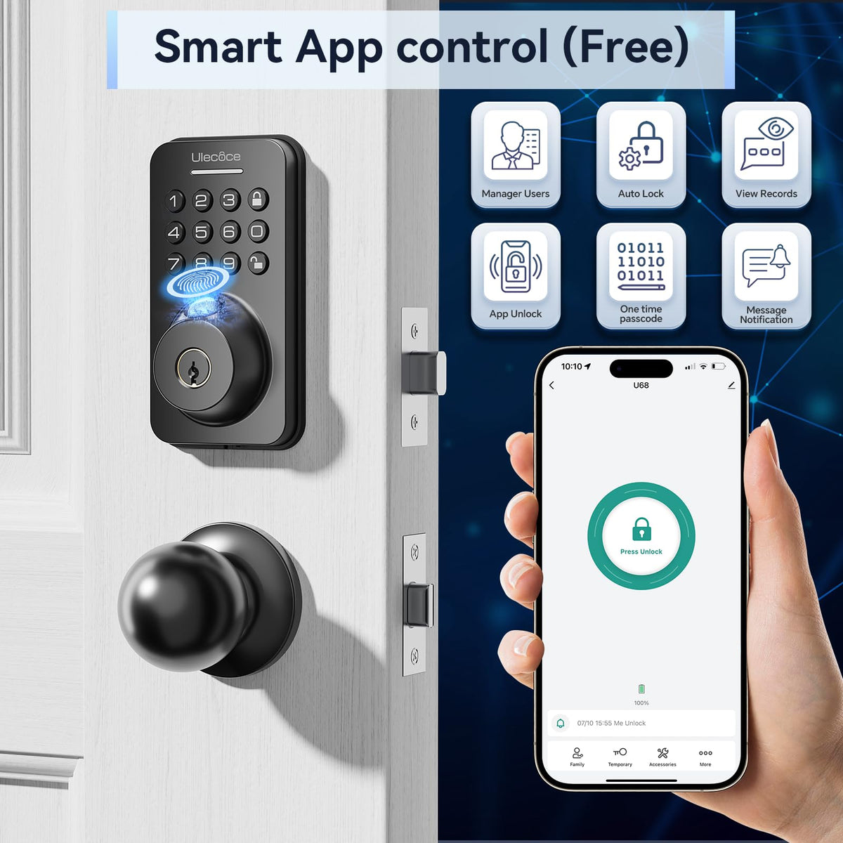 Cerradura de seguridad Ulecoce con teclado y manija, entrada sin llave, control por aplicación, cierre automático, fácil instalación, negro mate