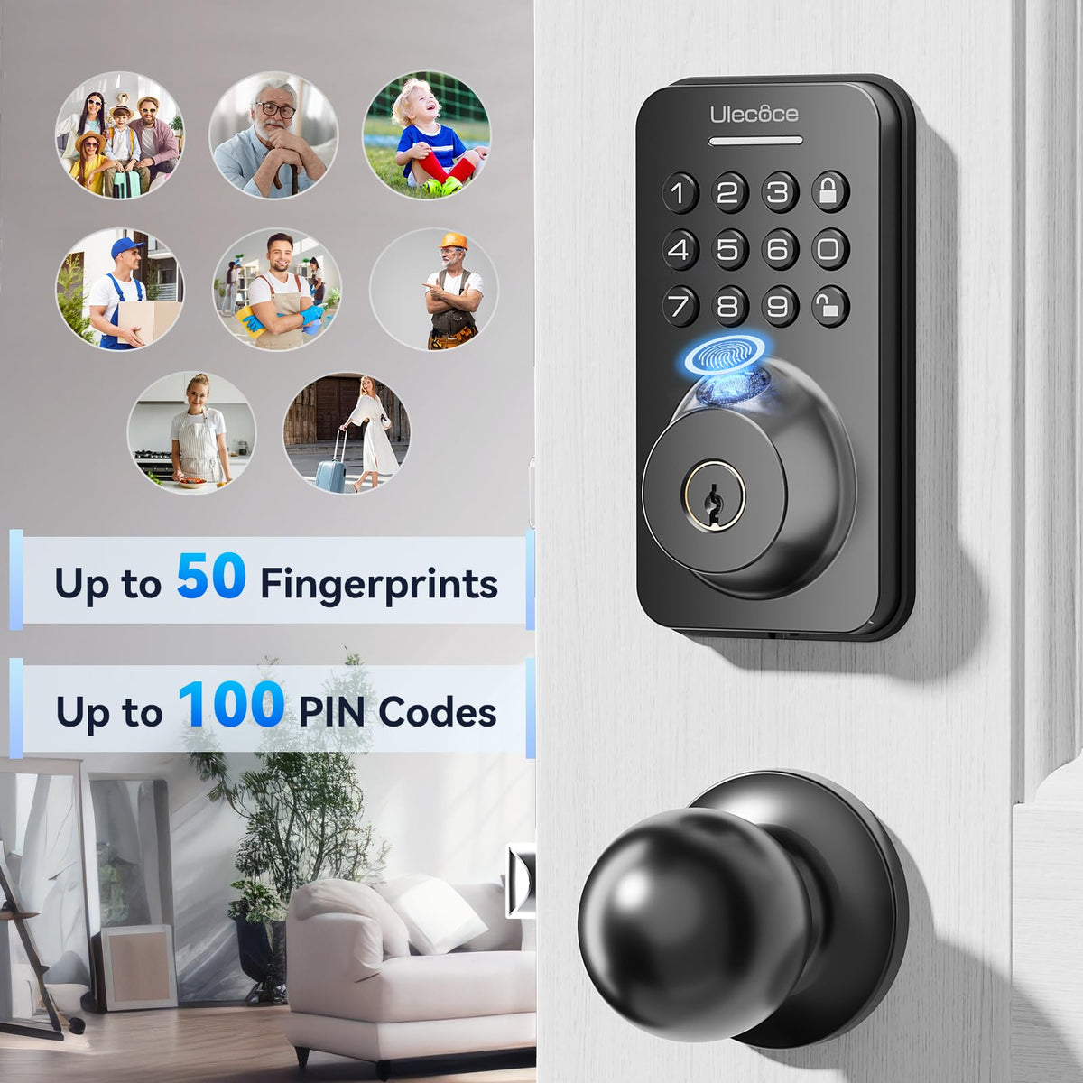Cerradura de seguridad Ulecoce con teclado y manija, entrada sin llave, control por aplicación, cierre automático, fácil instalación, negro mate