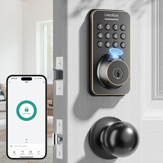 Cerradura de seguridad Ulecoce con teclado y manija, entrada sin llave, control por aplicación, cierre automático, fácil instalación, acabado en bronce aceitado.