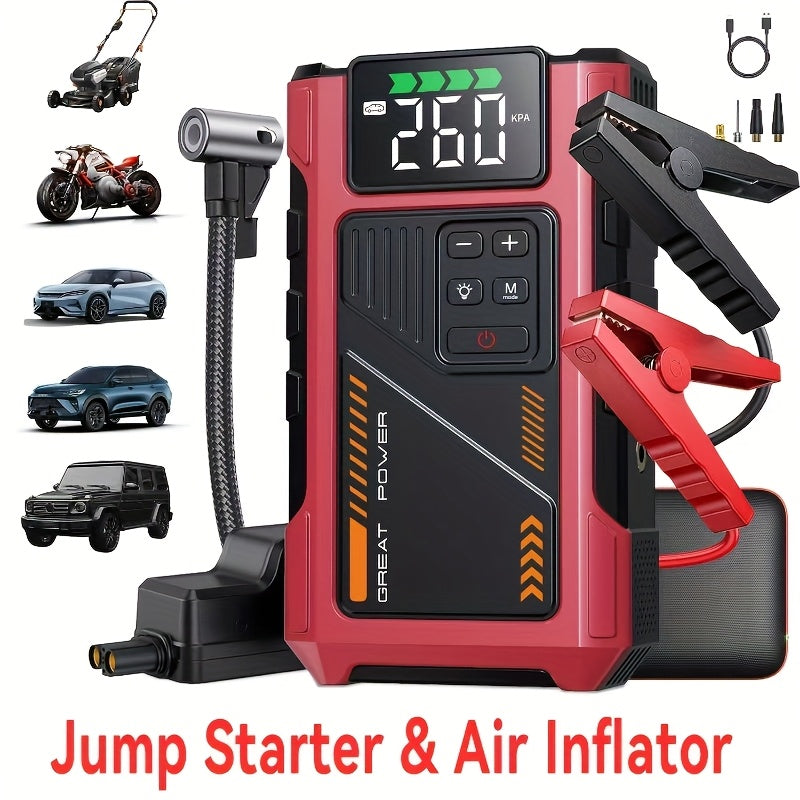 Arrancador de batería portátil inalámbrico de 4000 A con compresor de aire, cargador de batería portátil de 12 V (8,0 L de gas/1,72 galones de diésel), arranque rápido, entrada/salida USB, LED de emergencia, accesorios