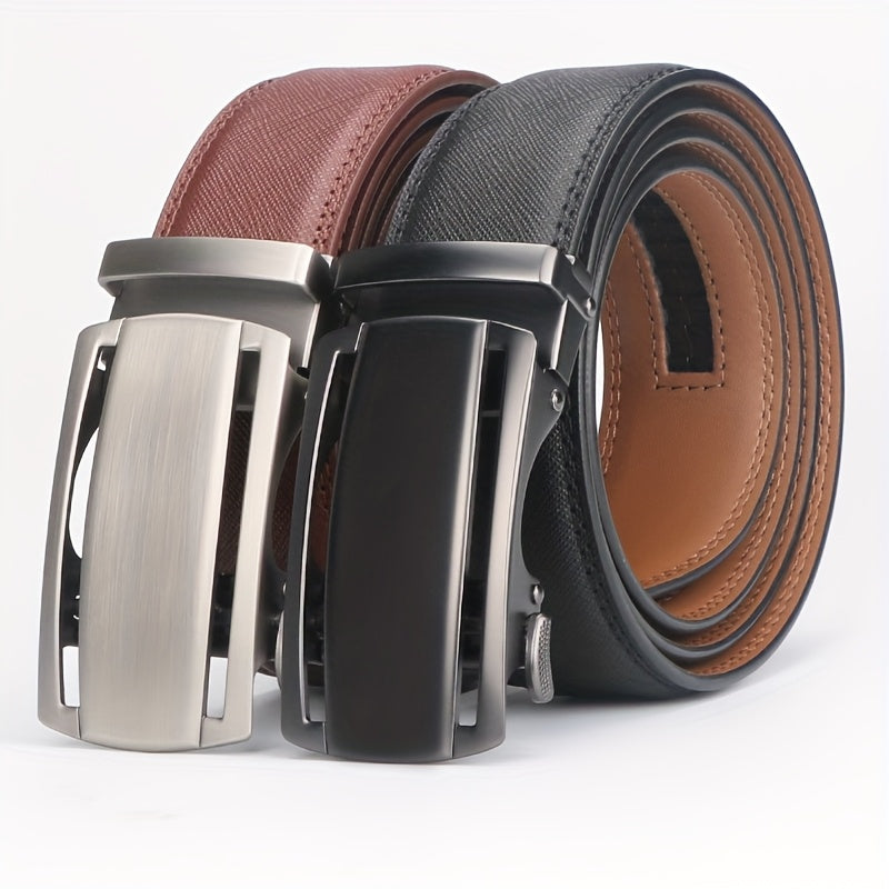 [Cinturones de trinquete de cuero genuino] 2 cinturones de trinquete de cuero genuino para hombre | Hebilla automática ajustable, aleación duradera, estilo informal y profesional, alta calidad, fácil de usar en cualquier o