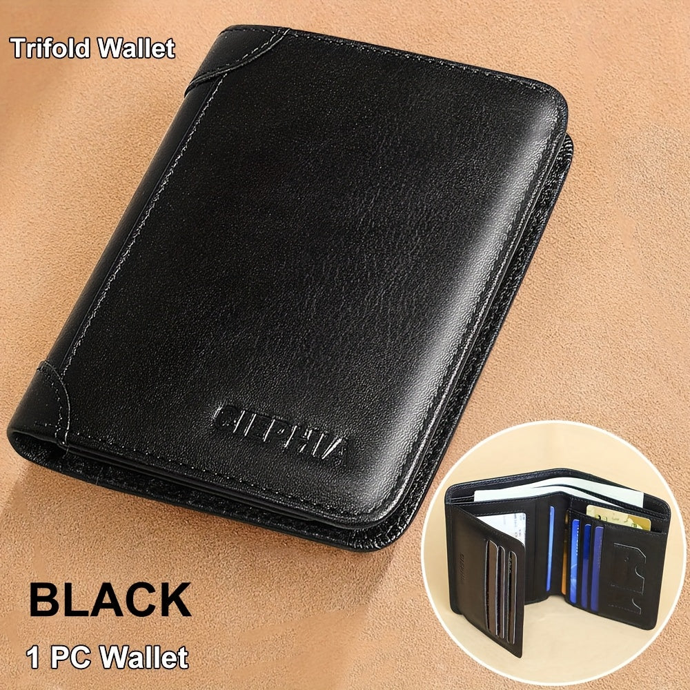 [Cartera de cuero RFID] Regalos para el Día del Padre para hombres, billeteras triples de cuero genuino con bloqueo RFID para hombre, tarjetero multifunción vintage de piel de vacuno de primera capa, pinzas para billetes co
