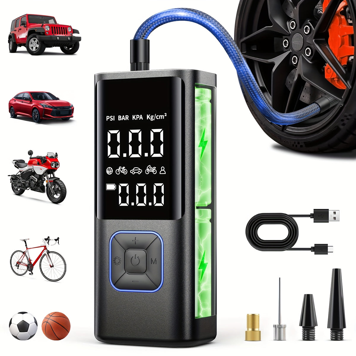 Inflador de neumáticos inalámbrico: compresor de aire inalámbrico con indicador digital y luz LED, recargable por USB, inflado dos veces más rápido para SUV, coches, bicicletas, motocicletas, equipos deportivos y balones