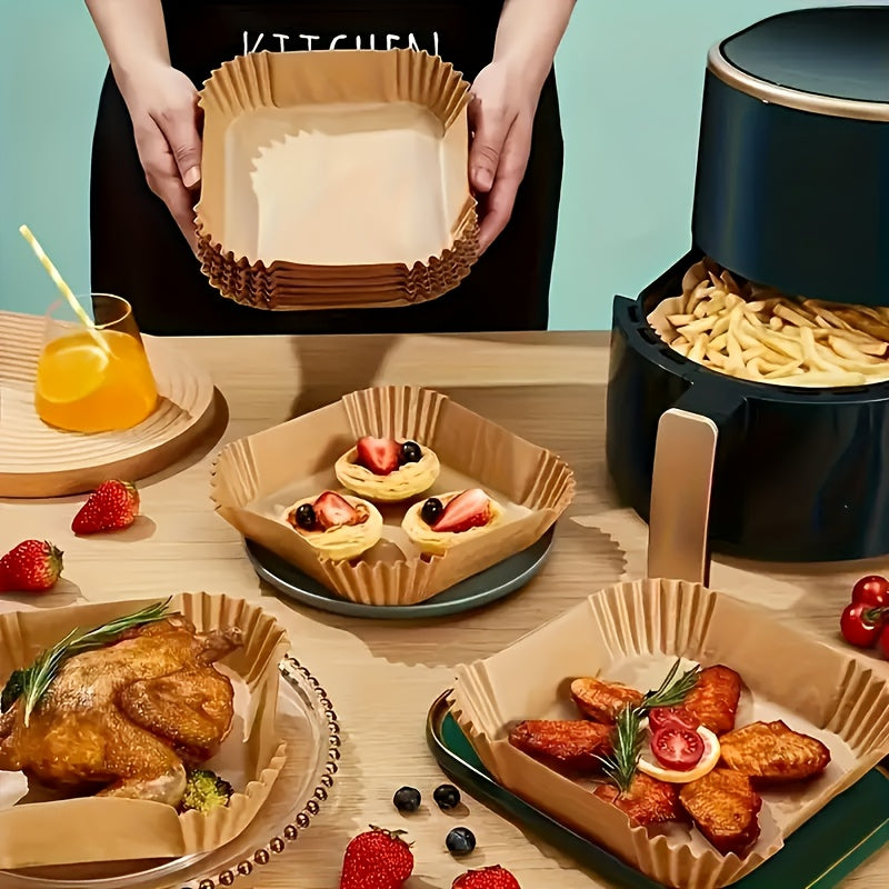[Antiadherente | Freidora de aire] 100 láminas antiadherentes para freidora de aire | Hojas de papel marrón para hornear, asar y usar en microondas - Fáciles de limpiar, cocina saludable, perfectas para cocinas domésticas