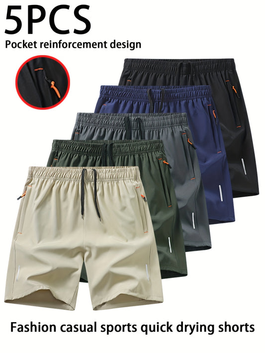 Pack de 5 pantalones cortos deportivos para hombre - Tejido de secado rápido y no elástico para gimnasio, running y tenis - Cintura elástica con cordón ajustable - Pack multicolor (negro/azul marino/gris/beige/oliva) - Ro