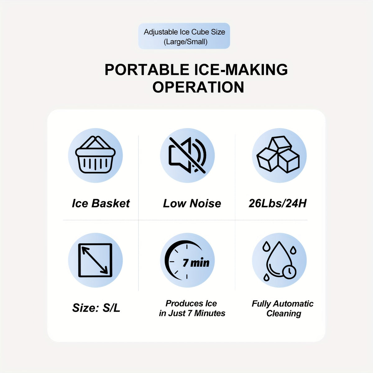 Máquina de hielo de mostrador con asa. Produce 11 kg de hielo en 24 horas y 9 cubitos de hielo en 6 minutos. Incluye canasta y pala para hielo.