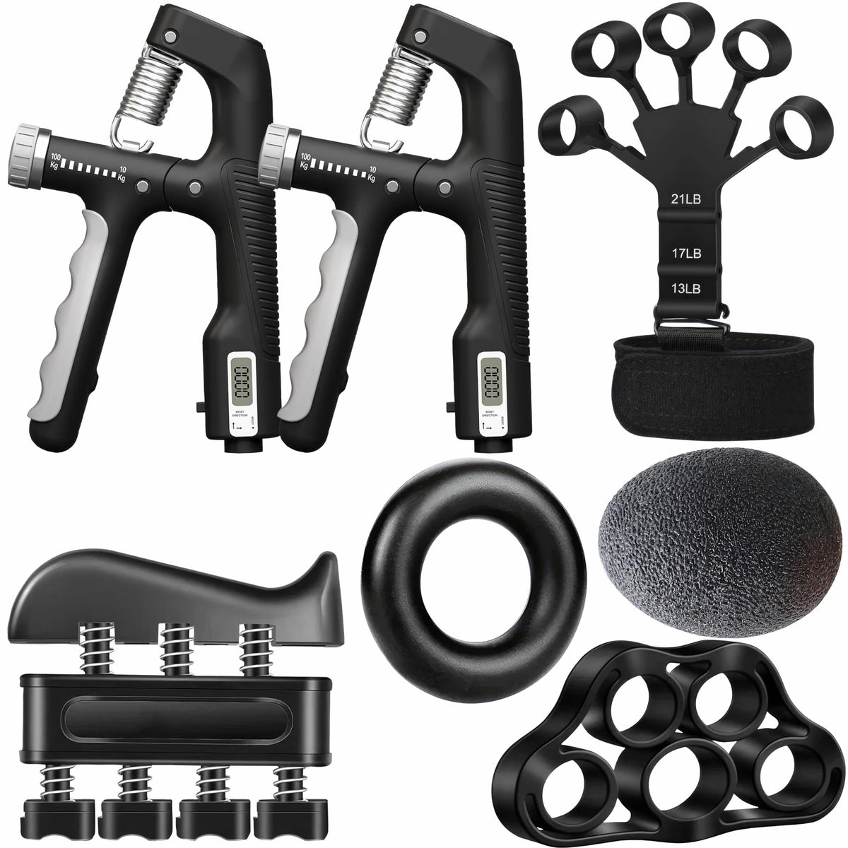 Fortalecedor de agarre manual, paquete de 7 unidades, resistencia ajustable de 10 a 100 kg (22-220 lb), ejercitador de antebrazo, entrenador de fuerza de agarre para el desarrollo muscular y la recuperación de lesiones, manos aeróbicas (paquete de 7).