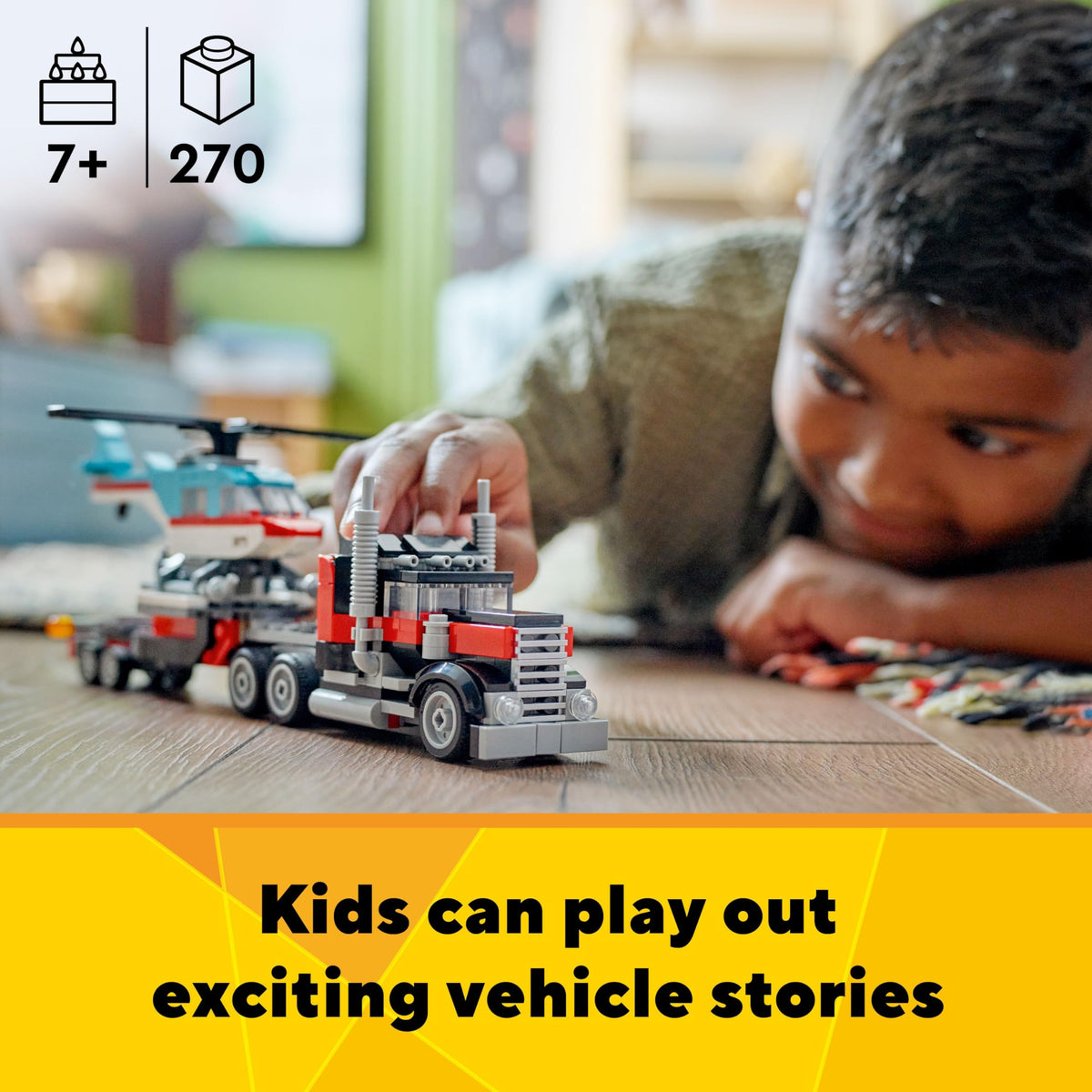 LEGO Creator 3 en 1 Camión plataforma con helicóptero de juguete. Se transforma de camión plataforma a avión de hélice, coche deportivo y todoterreno. Ideal para regalar a niños y niñas a partir de 7 años. 31146