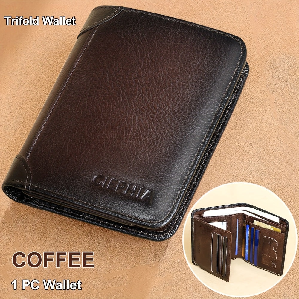 [Cartera de cuero RFID] Regalos para el Día del Padre para hombres, billeteras triples de cuero genuino con bloqueo RFID para hombre, tarjetero multifunción vintage de piel de vacuno de primera capa, pinzas para billetes co
