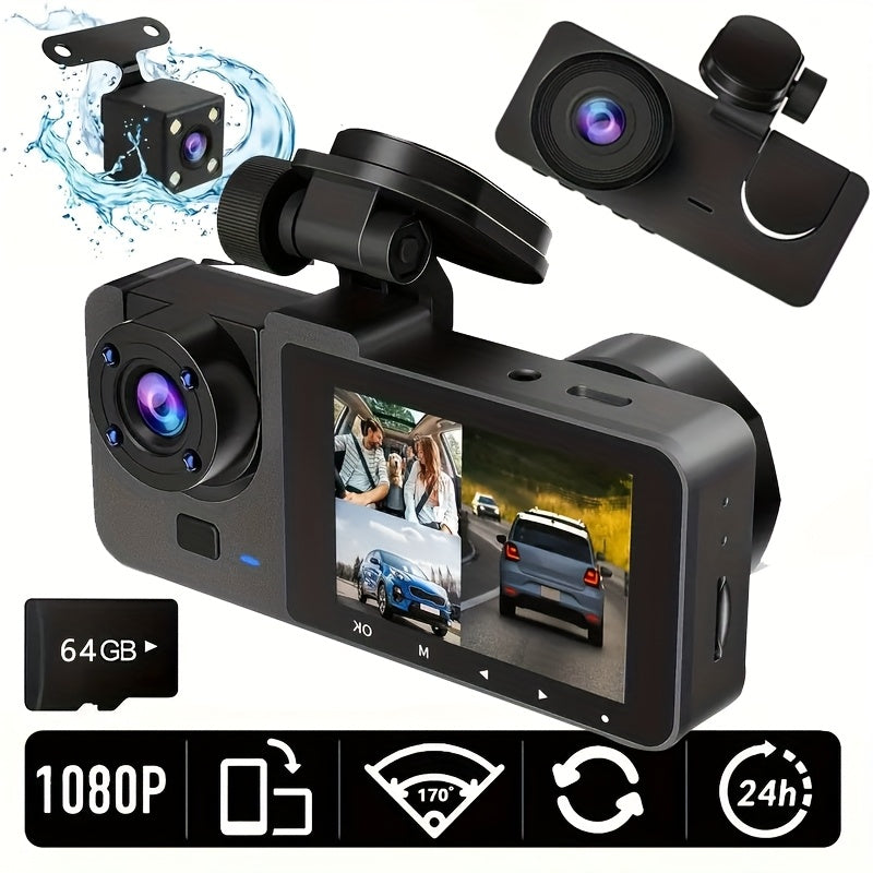 Cámara de salpicadero frontal 4K/1080P integrada de tres canales, frontal y trasera, grabadora de conducción Full HD, cámara para coche con visión nocturna por infrarrojos, grabación en bucle, incluye tarjeta SD de 64 GB