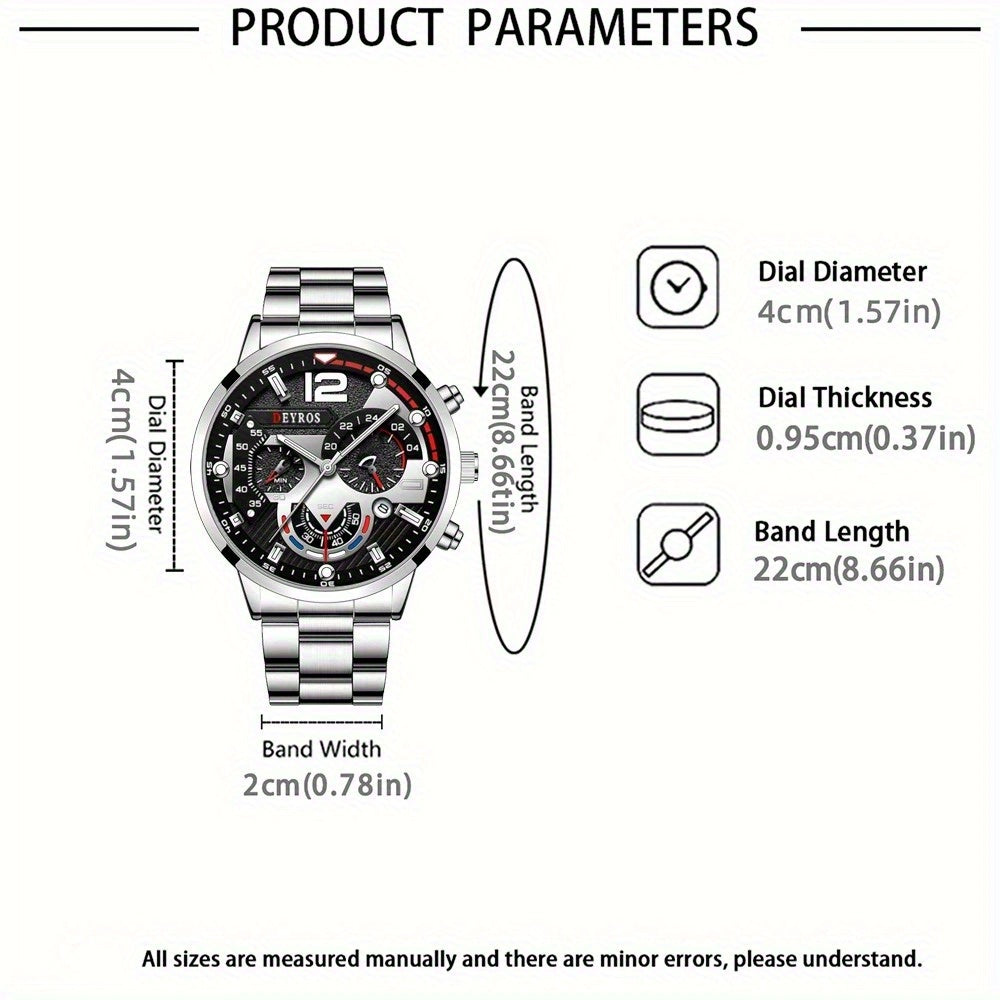 [Conjunto de relojes con estilo] Juego de 4 relojes de cuarzo de moda para hombre: esfera redonda, correas de acero inoxidable y piel sintética, opciones en negro y marrón, ideal para cumpleaños, Eid, Navidad, San Valentí