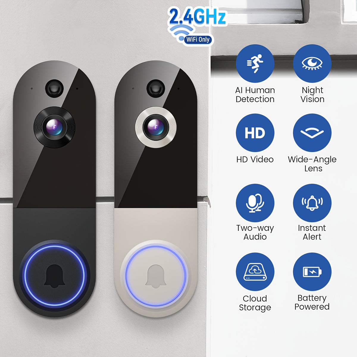 Timbre con cámara y video 1080P, detección corporal inteligente, almacenamiento en la nube, vista en tiempo real, audio bidireccional, visión nocturna por infrarrojos, batería integrada, monitoreo.