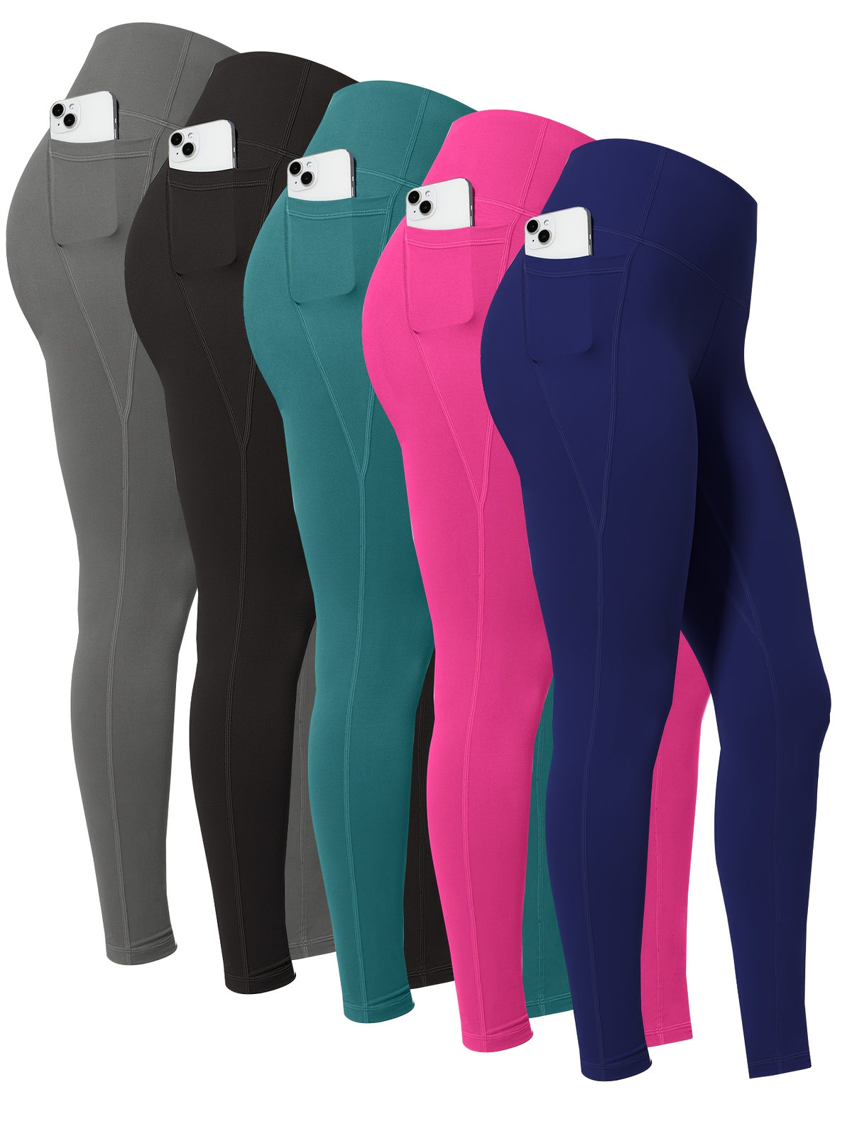 5pcs piezas leggins para mujer, con bolsillos laterales para yoga y deportes.
set multicolor negro, azul y verde oliva.