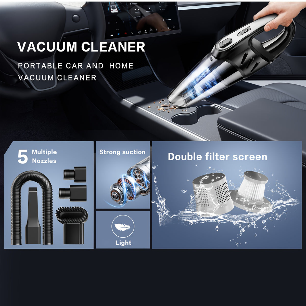 Aspiradora de mano para coche, silenciosa, con 5 accesorios, ideal para limpieza interior, hogar, mascotas, accesorios para coche, regalos.