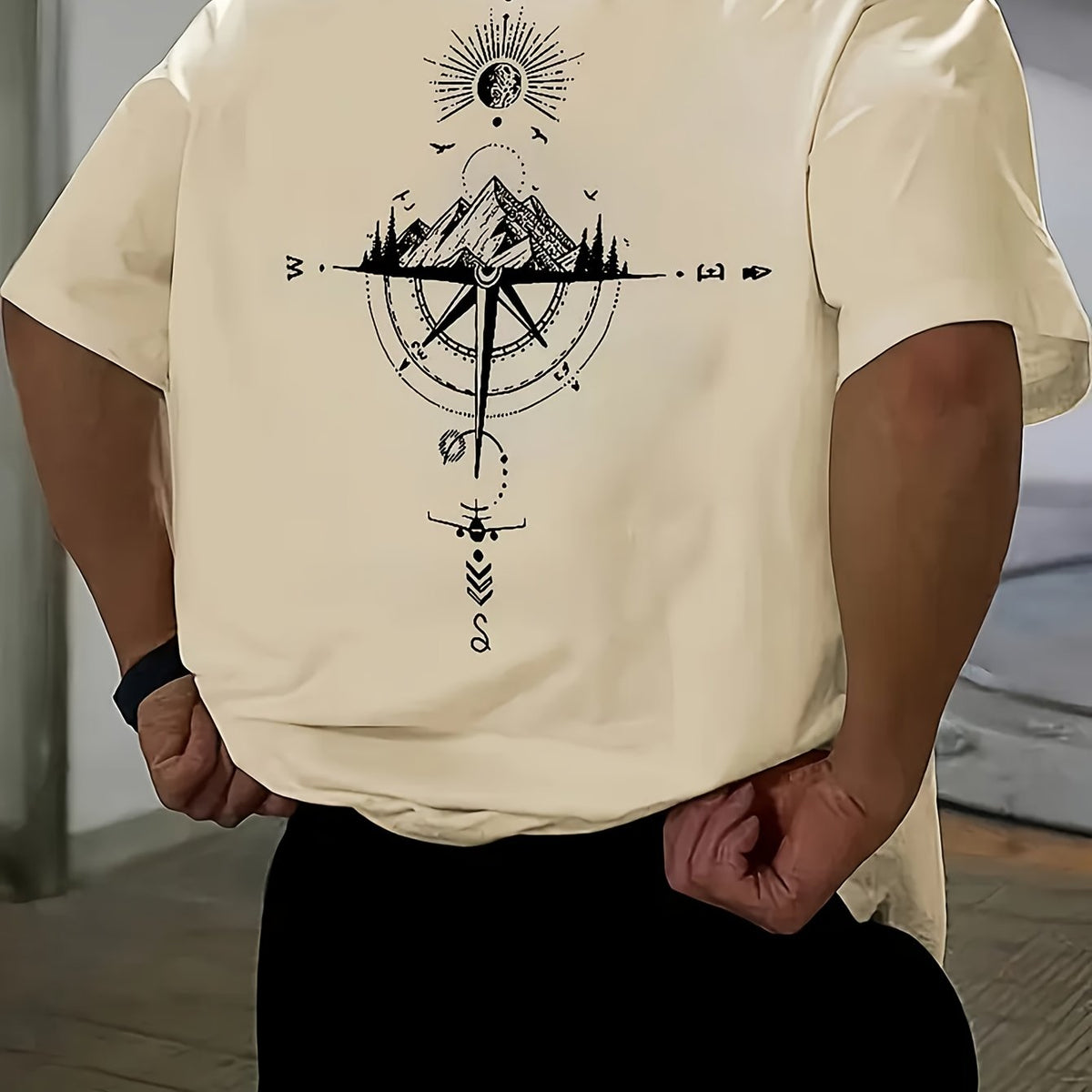 Camiseta con espalda estampada para hombre: diseño minimalista de cruces y círculos. Camiseta de algodón suave y transpirable para uso diario y formal. Top casual para cualquier temporada para los amantes de la moda urbana