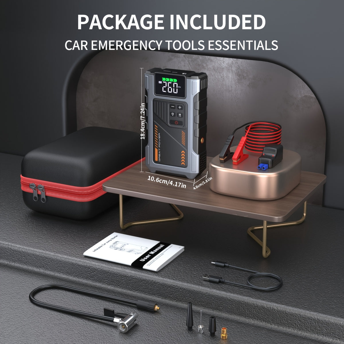 Arrancador de batería portátil inalámbrico de 4000 A con compresor de aire, cargador de batería portátil de 12 V (8,0 L de gas/1,72 galones de diésel), arranque rápido, entrada/salida USB, LED de emergencia, accesorios