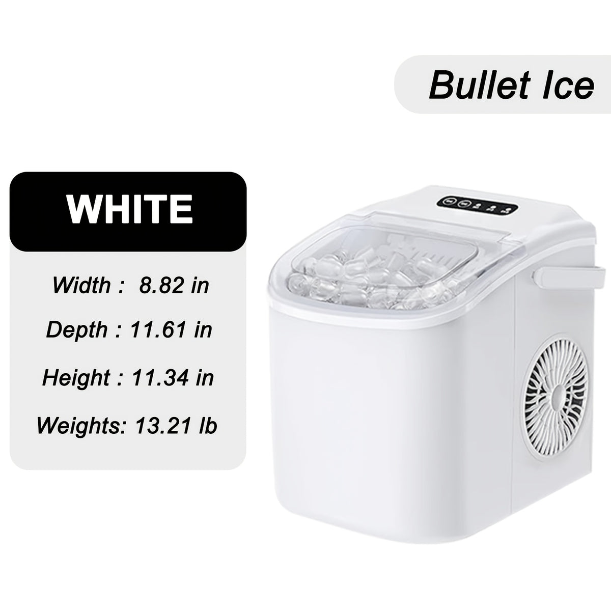 Máquina de hielo de mostrador con asa. Produce 11 kg de hielo en 24 horas y 9 cubitos de hielo en 6 minutos. Incluye canasta y pala para hielo.