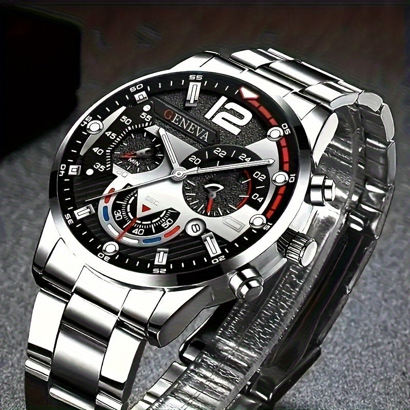 [Conjunto de relojes con estilo] Juego de 4 relojes de cuarzo de moda para hombre: esfera redonda, correas de acero inoxidable y piel sintética, opciones en negro y marrón, ideal para cumpleaños, Eid, Navidad, San Valentí