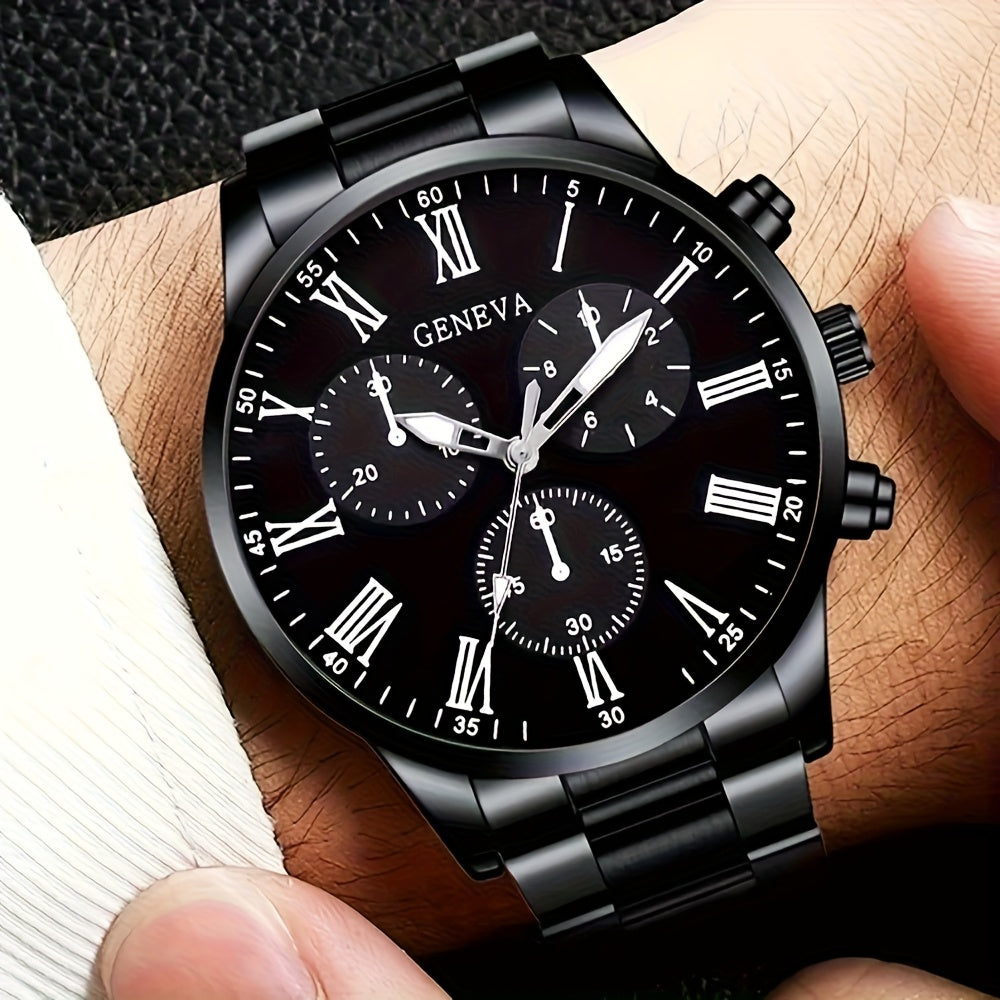 [Conjunto de relojes con estilo] Juego de 4 relojes de cuarzo de moda para hombre: esfera redonda, correas de acero inoxidable y piel sintética, opciones en negro y marrón, ideal para cumpleaños, Eid, Navidad, San Valentí