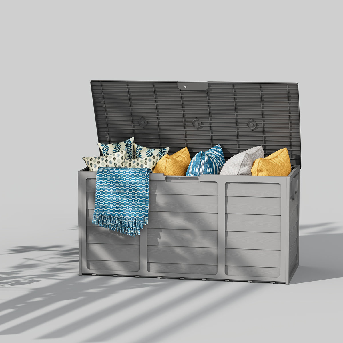 Caja de almacenamiento exterior de resina de 75 galones con asas. Ideal para accesorios de piscina, herramientas de jardín, equipo de camping, regalo navideño. Fácil de montar. Ideal como caja, armario o estante para almac