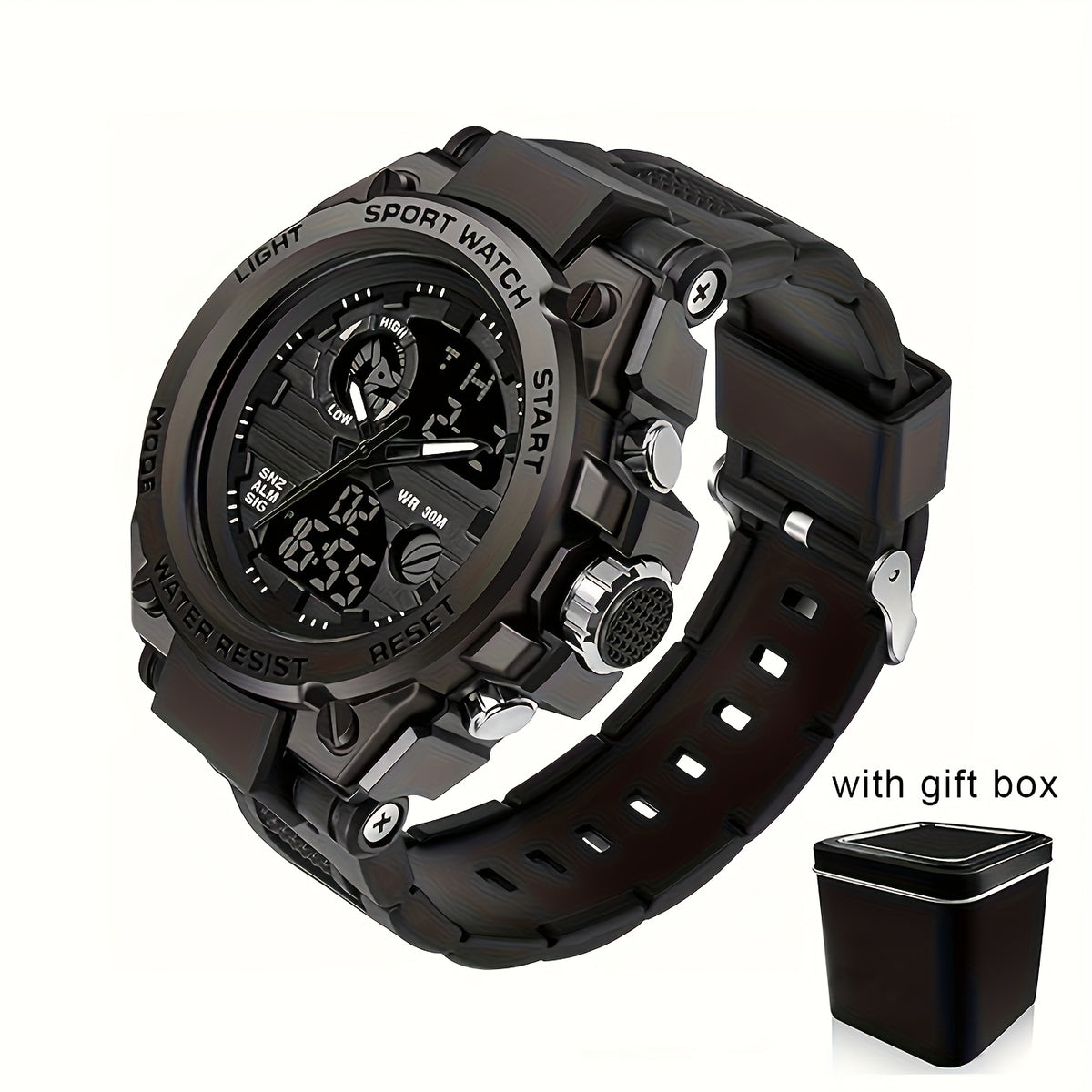 Reloj deportivo LED digital y analógico resistente para hombre (hasta 30 m, cronómetro, pantalla dual, correa de resina negra duradera, caja de aleación de zinc, para aventuras al aire libre).
