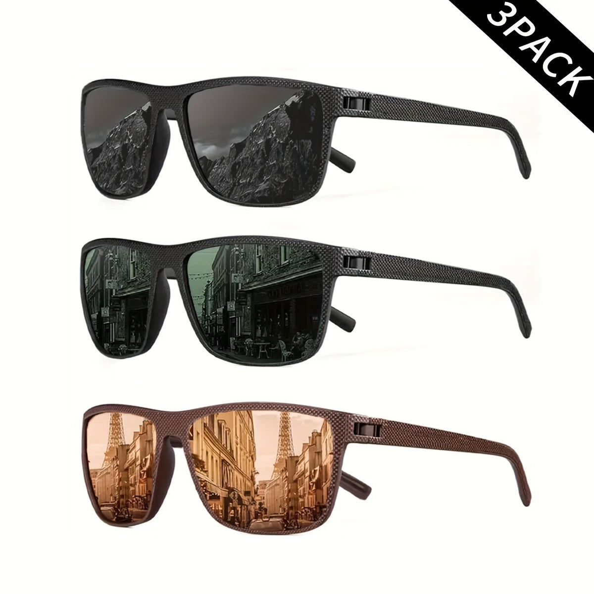 3 pares de gafas polarizadas para hombre y mujer, ligeras, clásicas, cuadradas, deportivas, resistentes a los rayos UV, ideales para ciclismo, conducción, running y pesca.