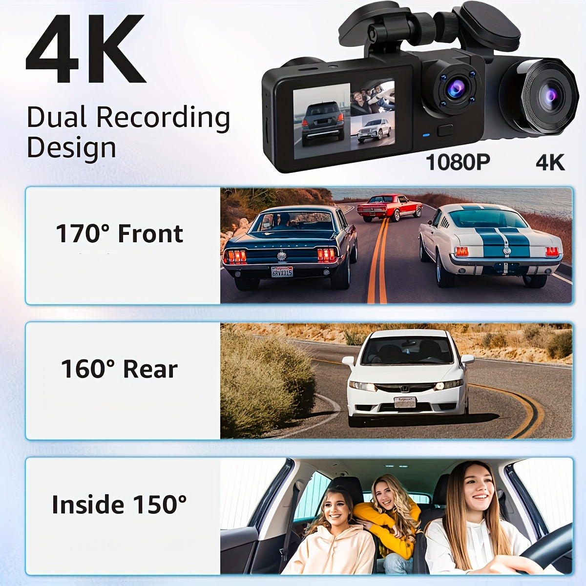 Cámara de salpicadero frontal 4K/1080P integrada de tres canales, frontal y trasera, grabadora de conducción Full HD, cámara para coche con visión nocturna por infrarrojos, grabación en bucle, incluye tarjeta SD de 64 GB