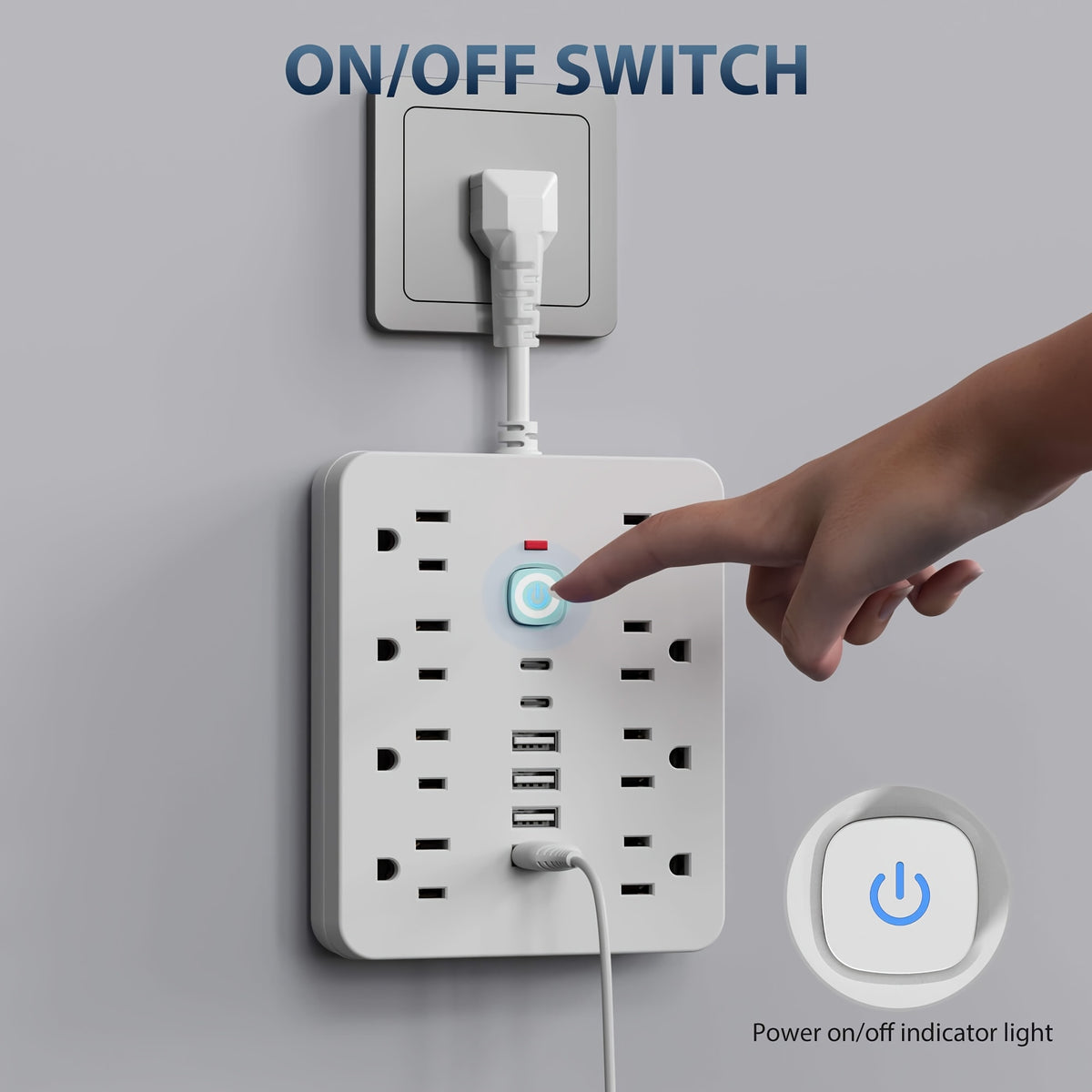 Regleta de enchufes 14 en 1 resistente con 8 tomas de CA, 4 puertos USB-A y 2 puertos USB-C, interruptores inteligentes (encendido/apagado) e indicador, cable alargador compacto con enchufe plano para el hogar, la oficina y l