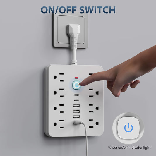 Regleta de enchufes 14 en 1 resistente con 8 tomas de CA, 4 puertos USB-A y 2 puertos USB-C, interruptores inteligentes (encendido/apagado) e indicador, cable alargador compacto con enchufe plano para el hogar, la oficina y l