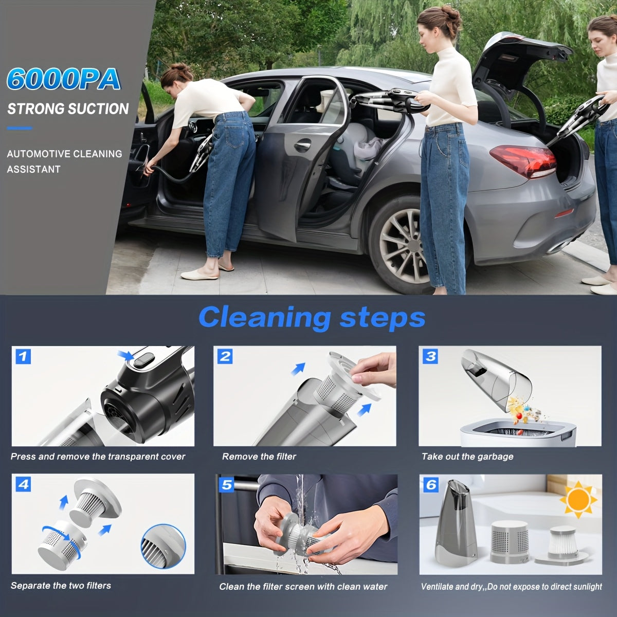 Aspiradora de mano para coche, silenciosa, con 5 accesorios, ideal para limpieza interior, hogar, mascotas, accesorios para coche, regalos.