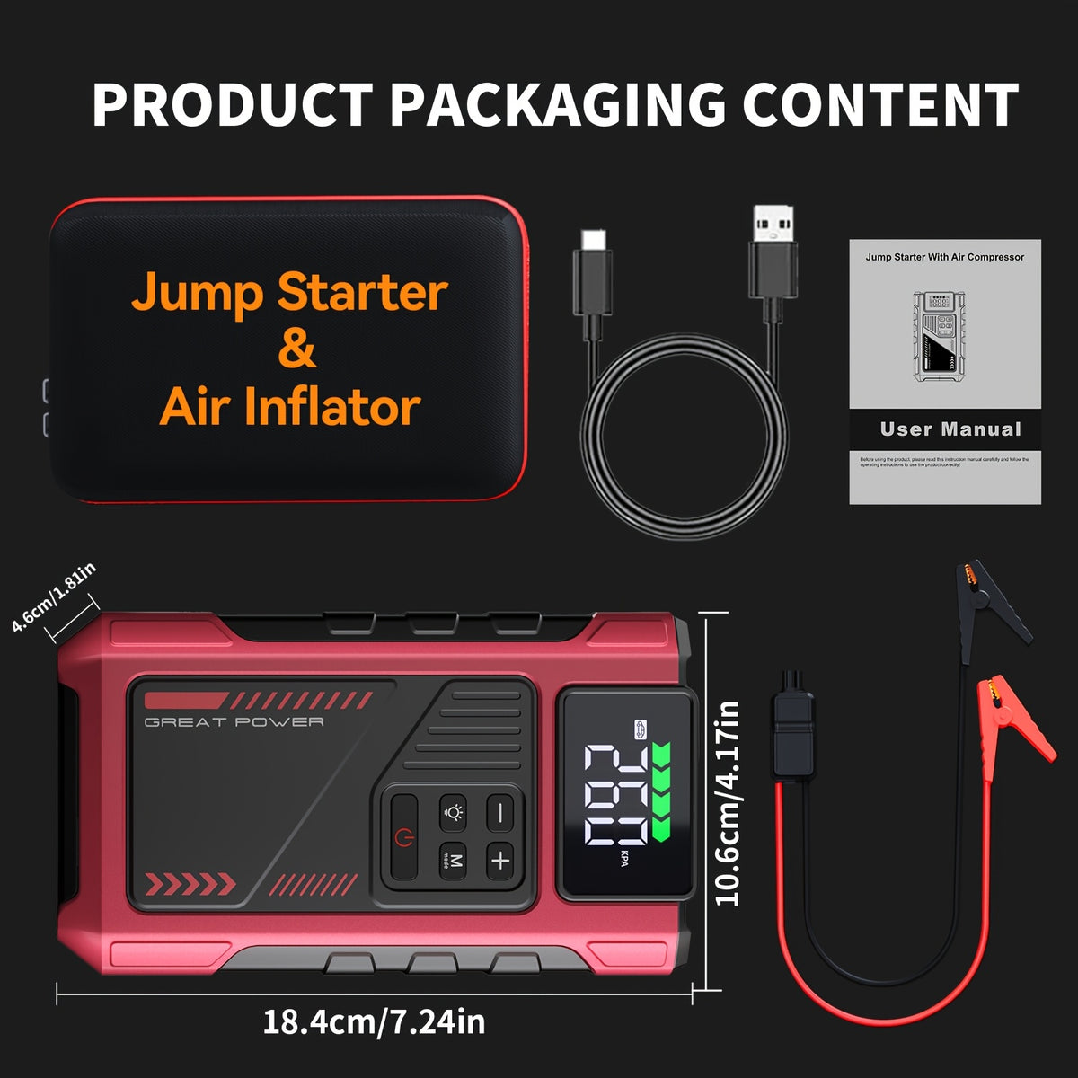 Arrancador de batería portátil inalámbrico de 4000 A con compresor de aire, cargador de batería portátil de 12 V (8,0 L de gas/1,72 galones de diésel), arranque rápido, entrada/salida USB, LED de emergencia, accesorios