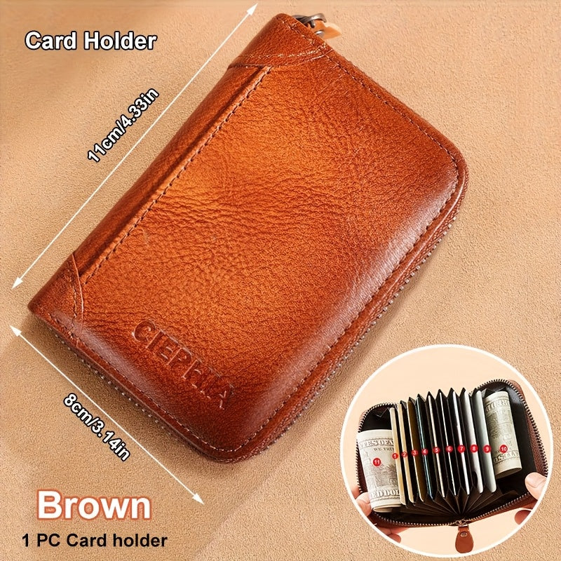 [Cartera de cuero RFID] Regalos para el Día del Padre para hombres, billeteras triples de cuero genuino con bloqueo RFID para hombre, tarjetero multifunción vintage de piel de vacuno de primera capa, pinzas para billetes co