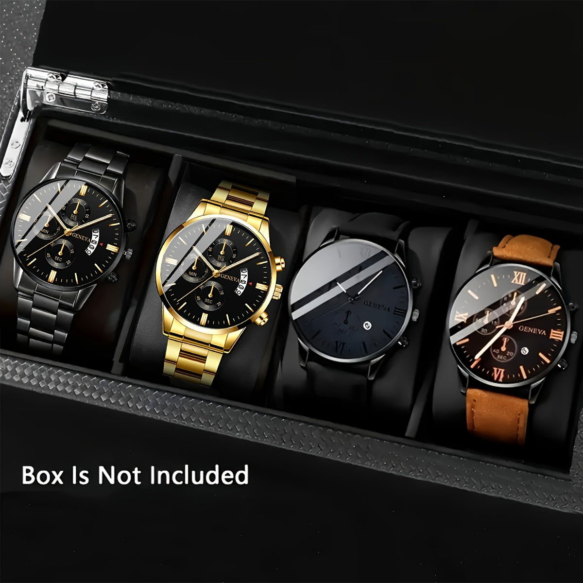 [Conjunto de relojes con estilo] Juego de 4 relojes de cuarzo de moda para hombre: esfera redonda, correas de acero inoxidable y piel sintética, opciones en negro y marrón, ideal para cumpleaños, Eid, Navidad, San Valentí