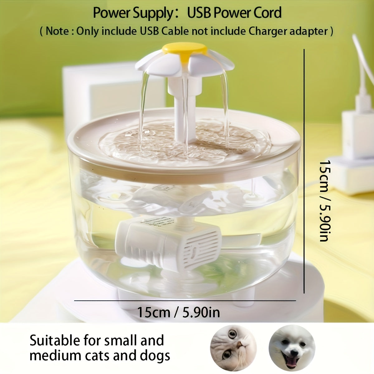 Bebedero ultrasilencioso transparente de 1,5 litros para mascotas, con 1 bomba de agua, alimentado por USB, fácil de limpiar, sin BPA, apto para gatos y mascotas pequeñas, sin batería.
