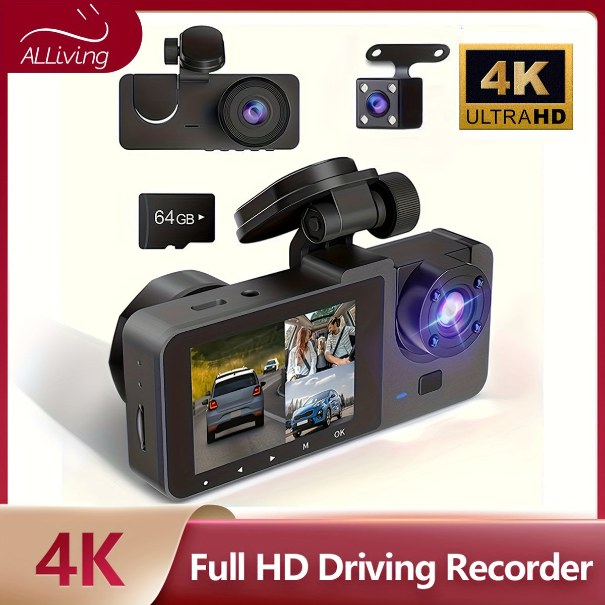 Cámara de salpicadero frontal 4K/1080P integrada de tres canales, frontal y trasera, grabadora de conducción Full HD, cámara para coche con visión nocturna por infrarrojos, grabación en bucle, incluye tarjeta SD de 64 GB