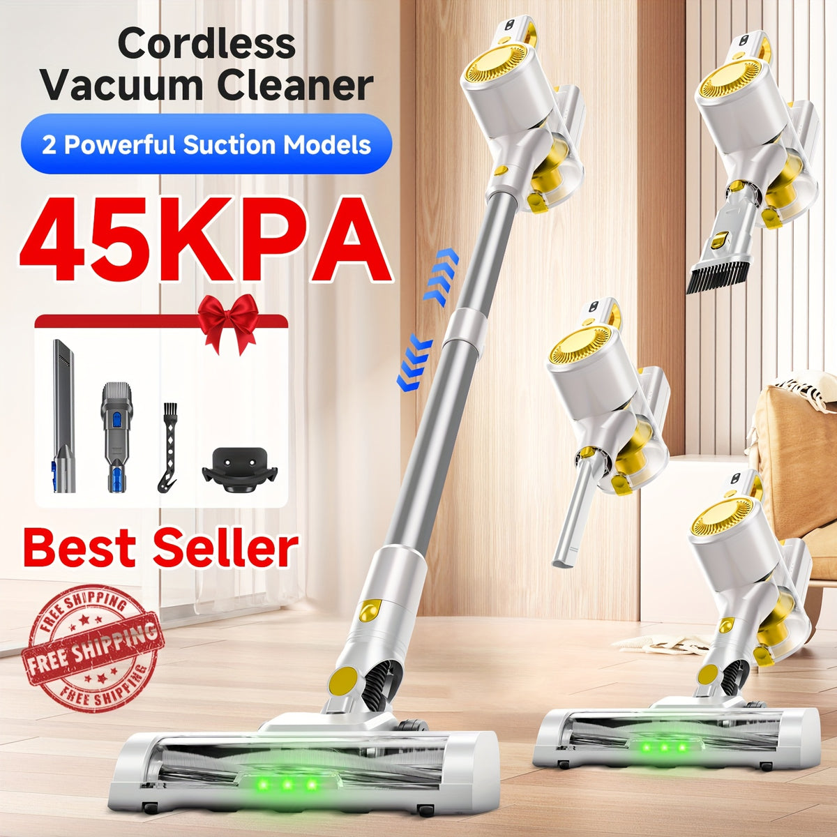 Aspiradora ligera de 35-45 kPa con LED verde mejorado, cepillo antienredos, batería extraíble, múltiples niveles de succión, hasta 45 minutos de autonomía, accesorio para coche de mujer, aspiradora para alfombras, pelo d
