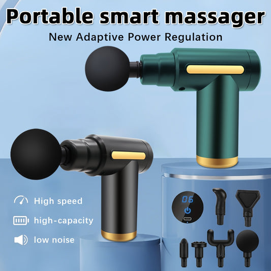 Pistola de masaje fascial eléctrica, masajeador muscular portátil con pantalla táctil LED y 4 cabezales de masaje, mini motor sin escobillas ultrasilencioso de mano para deportes y fitness.