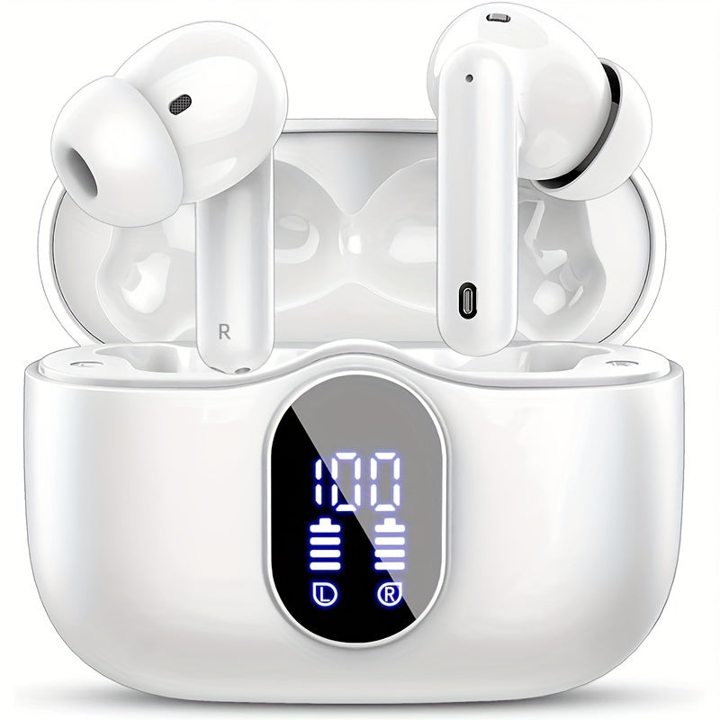 Auriculares inalámbricos 5.3 con sonido estéreo de graves, micrófono con cancelación de ruido y pantalla LED, intraaurales, 40 horas de reproducción, aptos para portátiles, tabletas, teléfonos móviles y para practicar