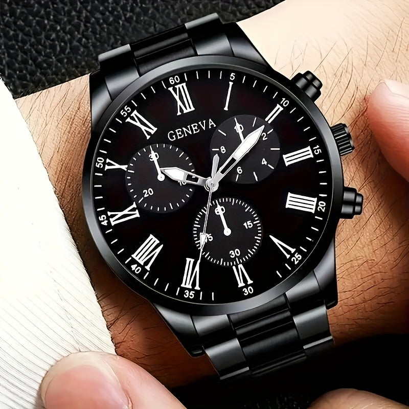[Conjunto de relojes con estilo] Juego de 4 relojes de cuarzo de moda para hombre: esfera redonda, correas de acero inoxidable y piel sintética, opciones en negro y marrón, ideal para cumpleaños, Eid, Navidad, San Valentí
