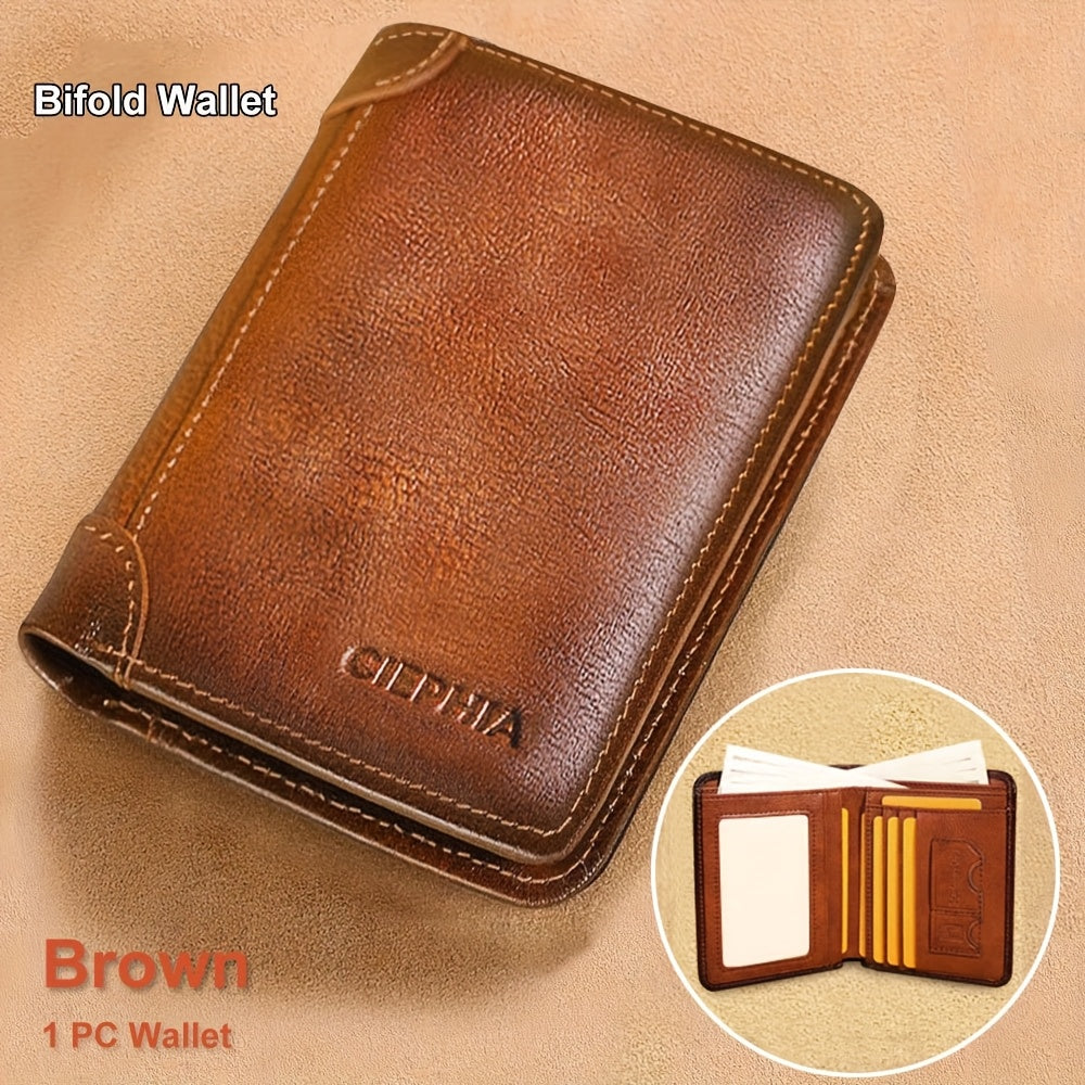 [Cartera de cuero RFID] Regalos para el Día del Padre para hombres, billeteras triples de cuero genuino con bloqueo RFID para hombre, tarjetero multifunción vintage de piel de vacuno de primera capa, pinzas para billetes co
