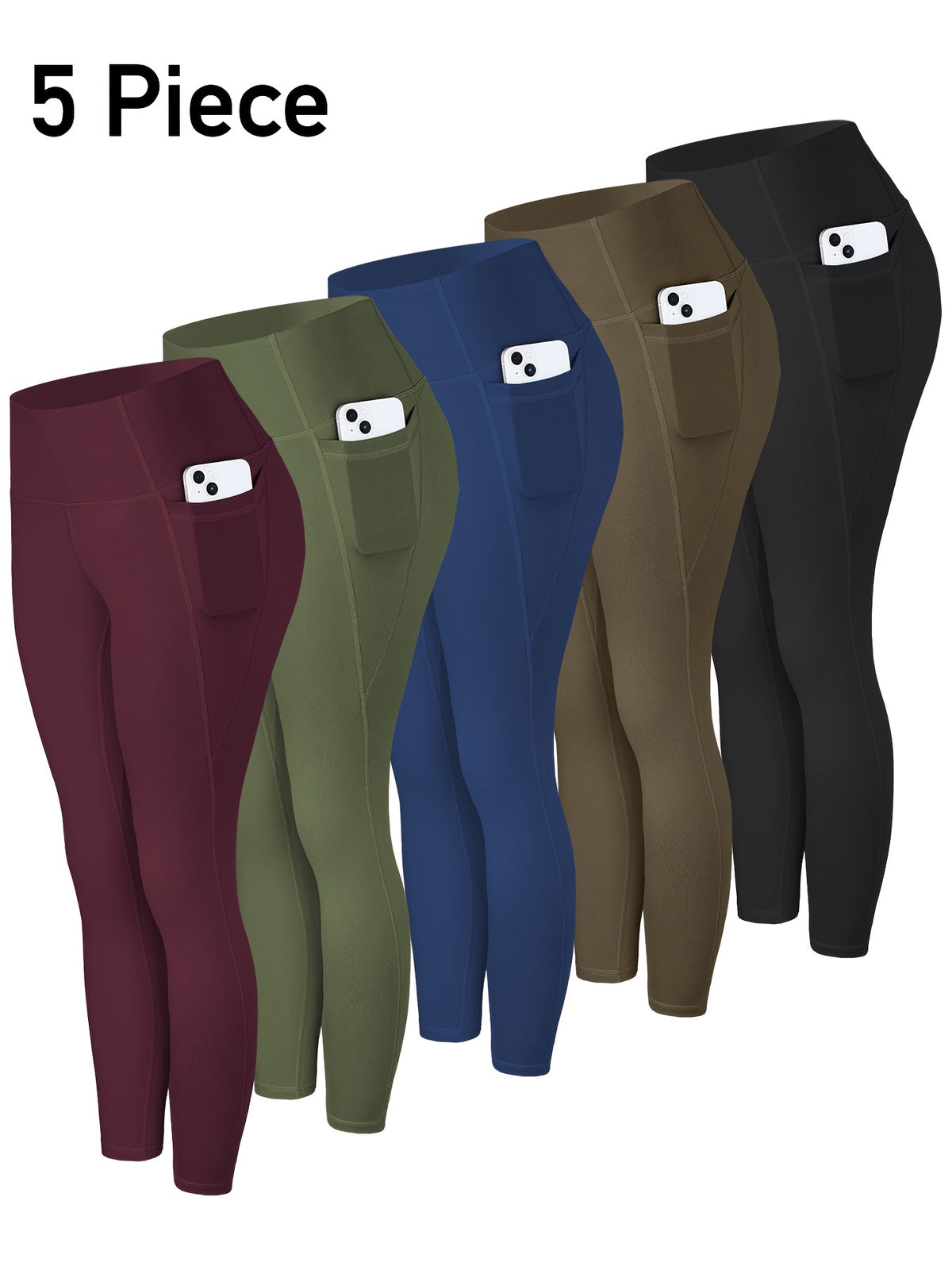 5pcs piezas leggins para mujer, con bolsillos laterales para yoga y deportes.
set multicolor negro, azul y verde oliva.