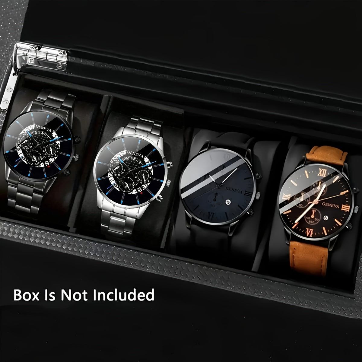[Conjunto de relojes con estilo] Juego de 4 relojes de cuarzo de moda para hombre: esfera redonda, correas de acero inoxidable y piel sintética, opciones en negro y marrón, ideal para cumpleaños, Eid, Navidad, San Valentí