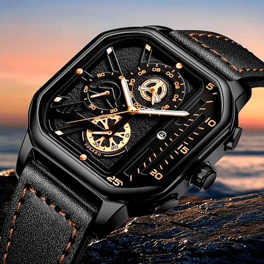 Reloj deportivo vintage de cuarzo para hombre con esfera grande, calendario, detalles en oro rosa y correa de piel sintética negra. Reloj de pulsera informal de negocios, regalo ideal para él, reloj de lujo para el día a d