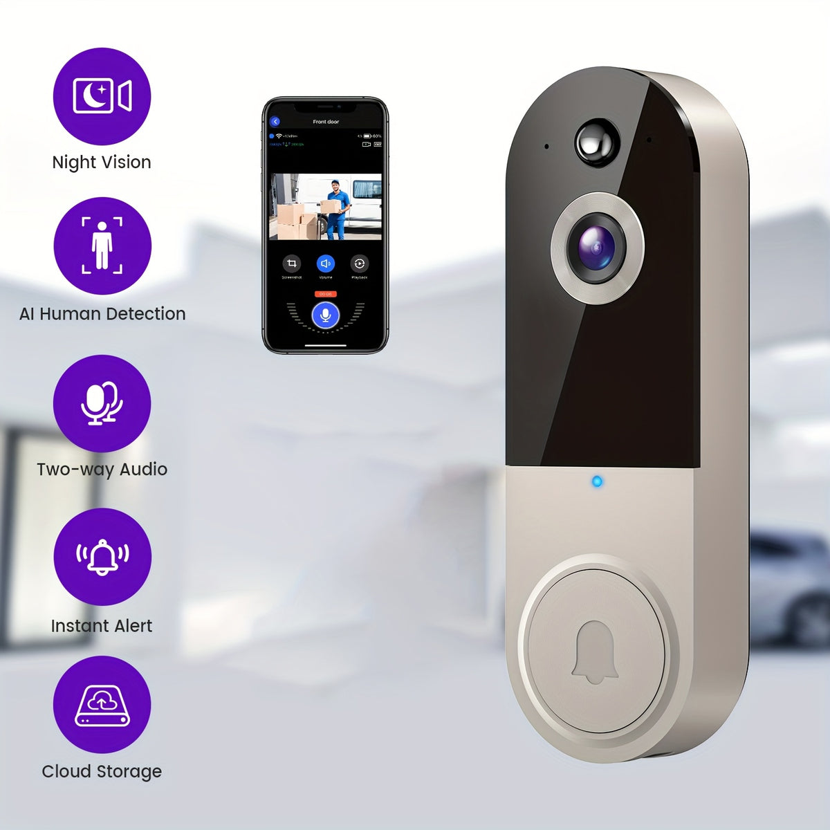 Timbre con cámara y video 1080P, detección corporal inteligente, almacenamiento en la nube, vista en tiempo real, audio bidireccional, visión nocturna por infrarrojos, batería integrada, monitoreo.