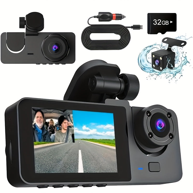 Cámara de salpicadero frontal 4K/1080P integrada de tres canales, frontal y trasera, grabadora de conducción Full HD, cámara para coche con visión nocturna por infrarrojos, grabación en bucle, incluye tarjeta SD de 64 GB
