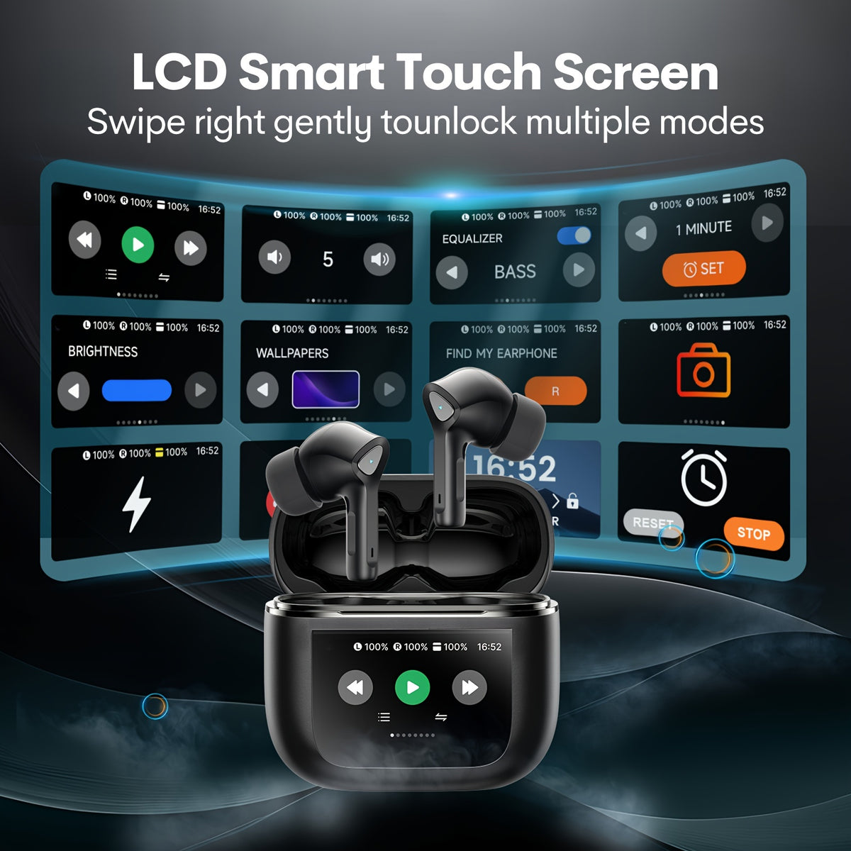 Auriculares inalámbricos con pantalla táctil de 5.3", batería de larga duración de 50 h, graves profundos, micrófono HD, aptos para teléfonos móviles, tabletas y portátiles. Auriculares inalámbricos con carga inalám