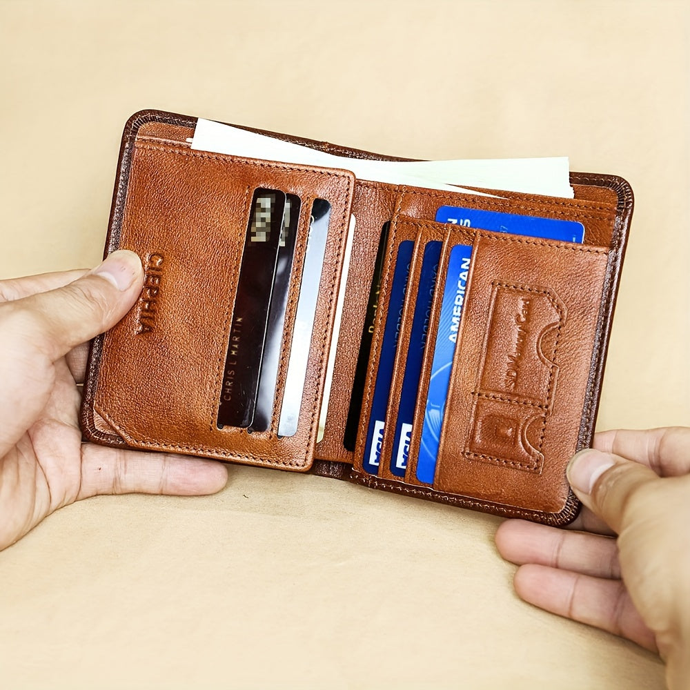 [Cartera de cuero RFID] Regalos para el Día del Padre para hombres, billeteras triples de cuero genuino con bloqueo RFID para hombre, tarjetero multifunción vintage de piel de vacuno de primera capa, pinzas para billetes co