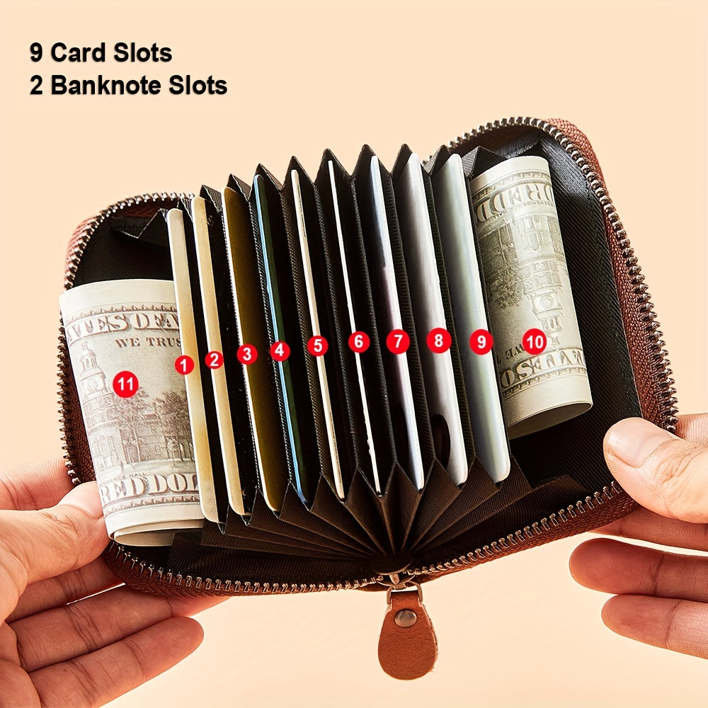 [Cartera de cuero RFID] Regalos para el Día del Padre para hombres, billeteras triples de cuero genuino con bloqueo RFID para hombre, tarjetero multifunción vintage de piel de vacuno de primera capa, pinzas para billetes co