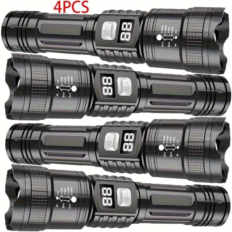 4 linternas LED recargables de alta potencia con foco con zoom y cable USB. Superbrillantes, de largo alcance, luz de trabajo táctica para camping, senderismo, emergencias y viajes. Equipo de senderismo. Linterna robusta. Li